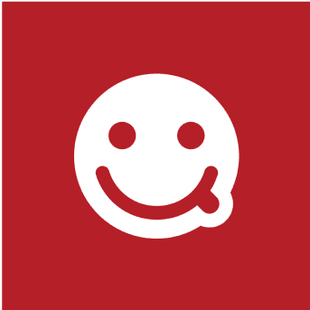 White smiley face logo on a red background.