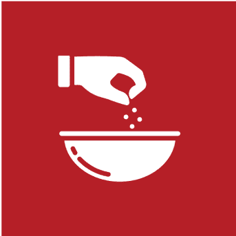 A white icon of a hand sprinkling seasoning into a bowl on a red background.