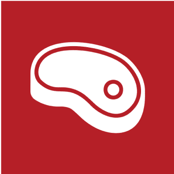 A white steak icon on a red square background.